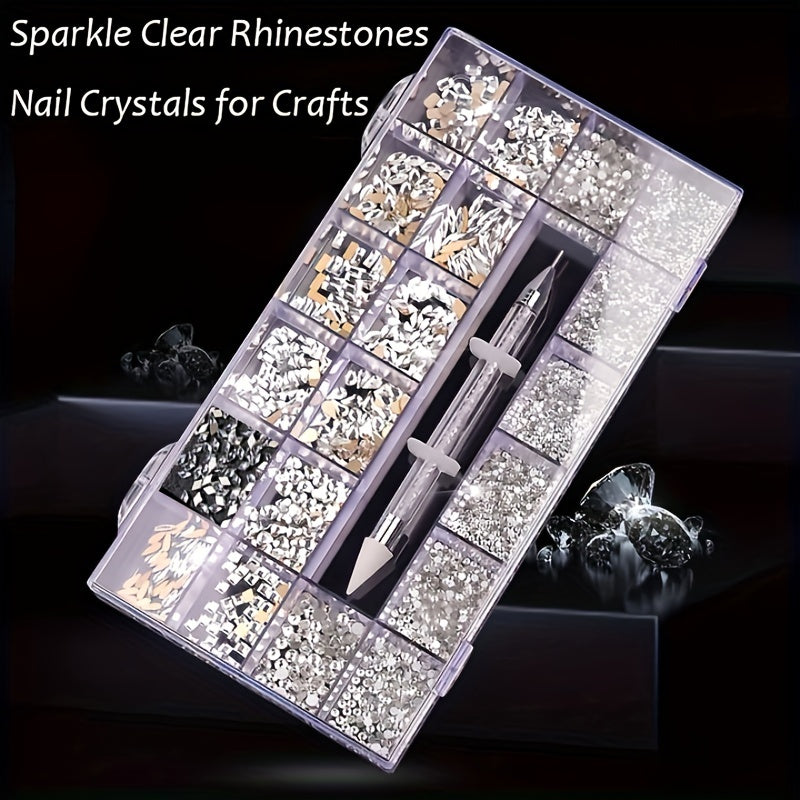 Nail Rhinestones Kit, Nail Art Decorations Flat AB Rhinestones Kit DIY Crafts Gemstones for Nail, Shoes, Clothes, Jewels (600 Clear Diamonds + 2500 Flat Rhinestones)